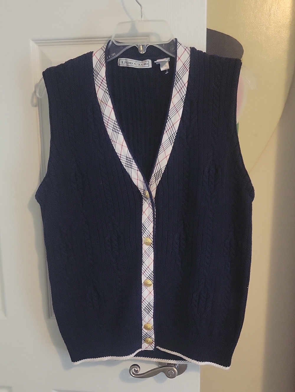 IZOD Club SzLg Classic Navy Cable-Knit Cardigan Vest with Plaid Trim Button up